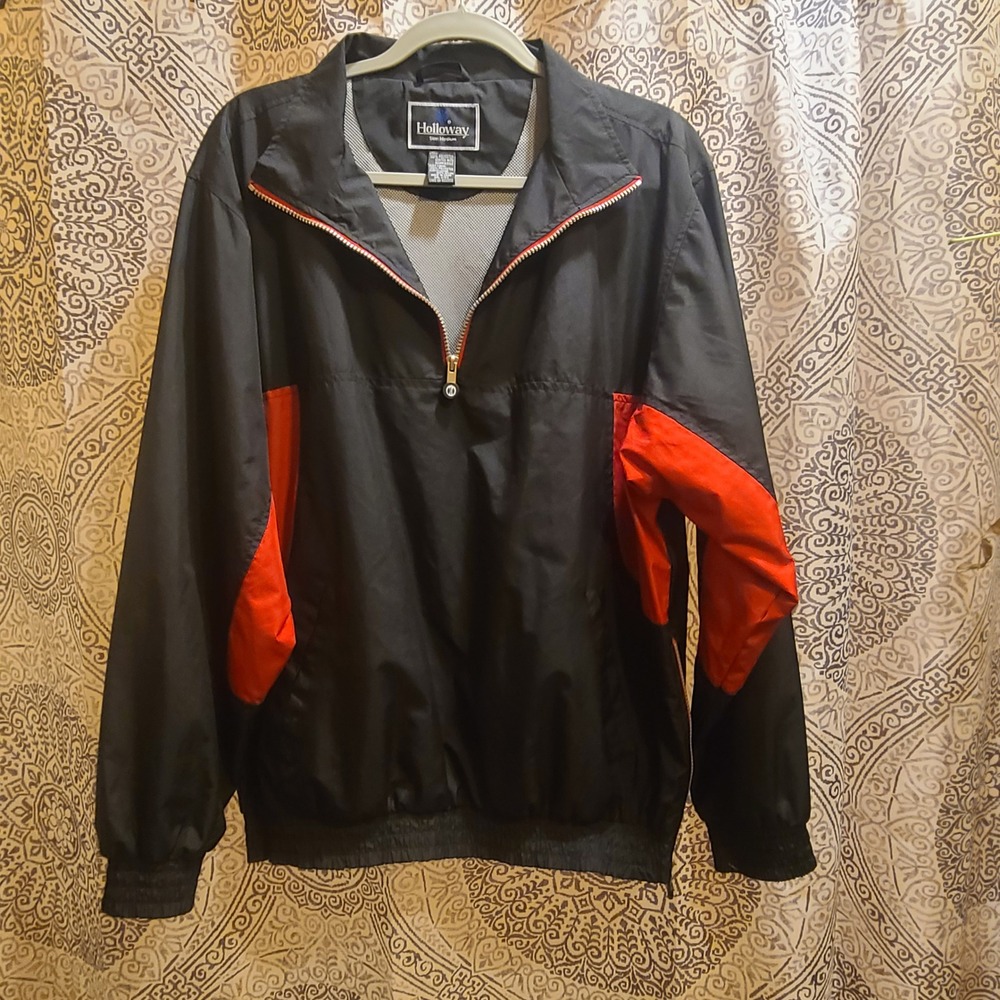 Holloway‎ Windbreaker Jacket Mens Medium Black Red Quarter Zip Side Zip Pullover